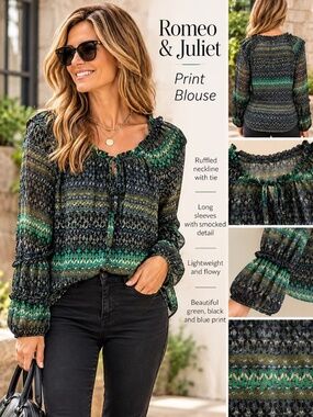 Romeo & Juliet Couture Green & Black Printed Ruffle Blouse Size XS